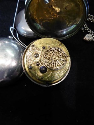 Lot 293 - A silver full hunter pocket watch with attached white metal watch chain and attached silver...