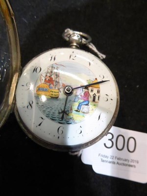 Lot 300 - A silver verge pocket watch with a painted scene dial, movement signed D Edmonds, Liverpool,...