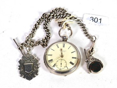 Lot 301 - A silver open faced pocket watch, signed William Wilson, with a silver curb linked chain with...