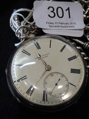 Lot 301 - A silver open faced pocket watch, signed William Wilson, with a silver curb linked chain with...