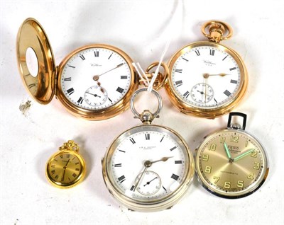 Lot 303 - A silver pocket watch, a gold plated half hunter Waltham pocket watch, a gold plated open faced...