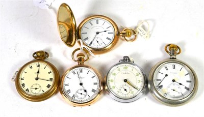 Lot 305 - A gold plated Waltham pocket watch; a full hunter gold plated pocket watch; and three other...
