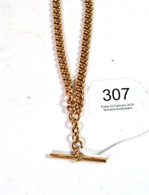 Lot 307 - A curb linked watch chain with attached T-bar, each link stamped 375