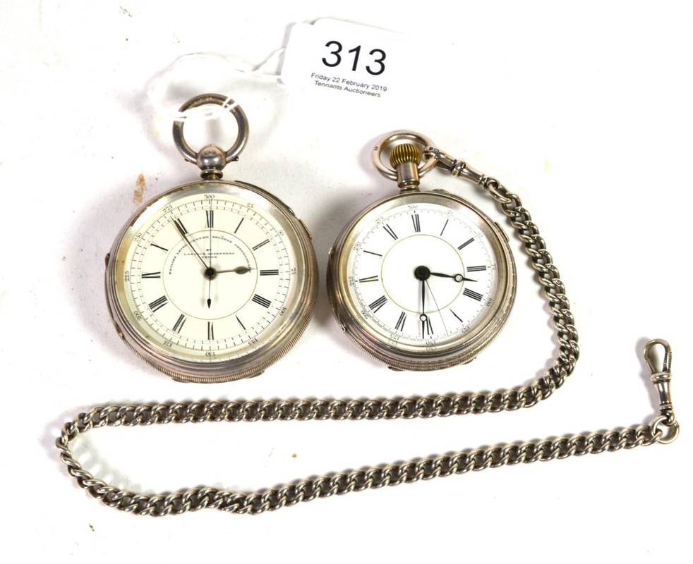 Lot 313 - Two silver chronograph pocket watches and one attached silver curb link chain
