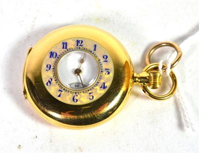 Lot 315 - A lady's 18 carat gold half hunter fob watch, enamel decorated Arabic front cover chapter ring
