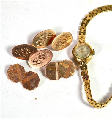 Lot 316 - A lady's 9 carat gold wristwatch and two pairs of 9 carat gold cufflinks
