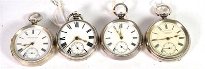 Lot 321 - Four silver open faced pocket watches, three cases with Chester hallmarks, the other with a...
