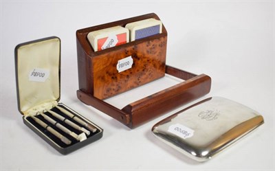 Lot 344 - A set of sterling silver Bridge propelling pencils, cased; with a silver cigar case and box of...
