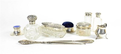 Lot 349 - A group of silver dressing table items; a silver mounted pin cushion/ring box; a silver and...