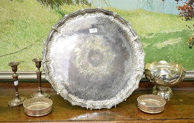 Lot 360 - Large silver plated tray stamped 'Mappin & Co'; pair of plated candlesticks; pair of bottle...