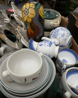 Lot 1002 - Denby Greemwheat pottery; blue and white teawares; a Gouda vase; and a plated bon bon stand
