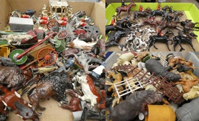 Lot 1004 - Britians lead and plastic figures and animals, dolls house items, in five boxes