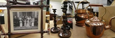 Lot 1008 - Two pairs of treen candlesticks; a copper coal helmet and kettle; and a group of oak frames