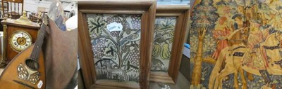 Lot 1012 - A mantel clock, mother of pearl inlaid loot, a reproduction tapestry, two artists pallets, etc