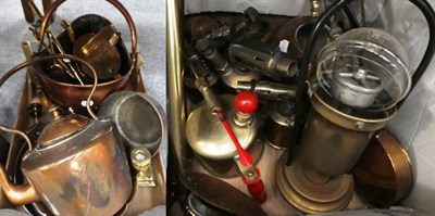 Lot 1026 - Three boxes of copper brass and other items including camera and lenses