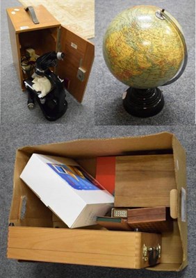 Lot 1030 - A reproduction rifle; a signed cricket bat; snooker cues; terrestrial globe; microscope etc