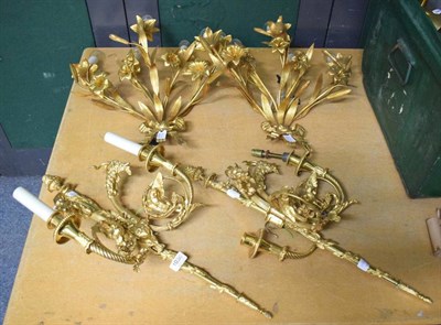 Lot 1036 - Two pairs of gilt metal wall sconces