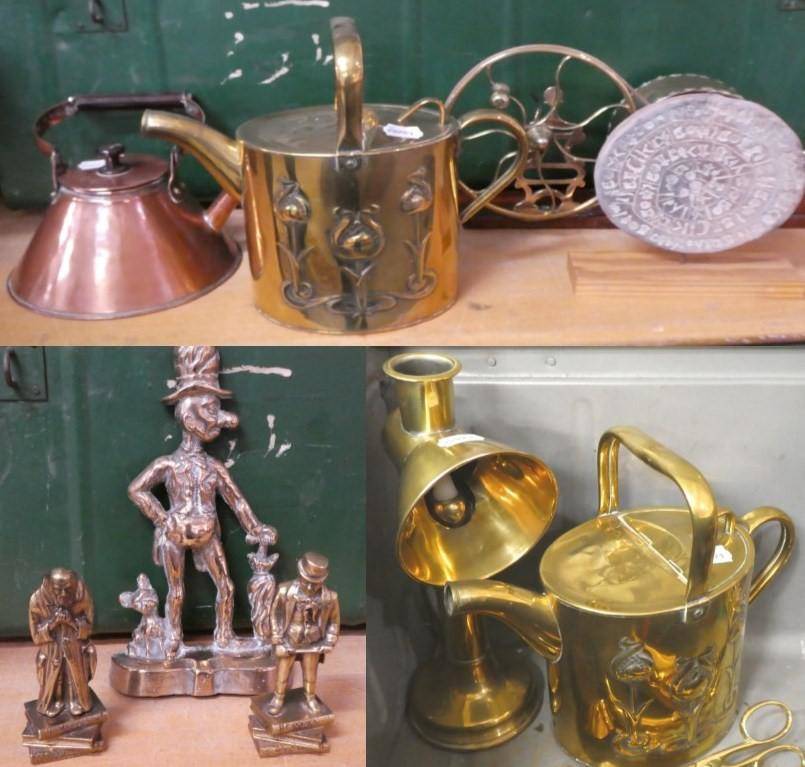 Lot 1038 - A group of copper and brass including an Art Nouveau brass watering can by Joseph Sankey &...