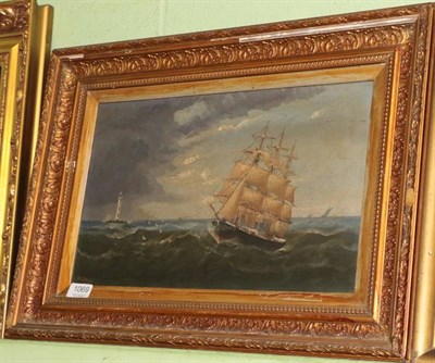 Lot 1069 - William Daniel Penny (1834-1924) Shipping with lighthouse, signed and dated 1908, oil on board,...