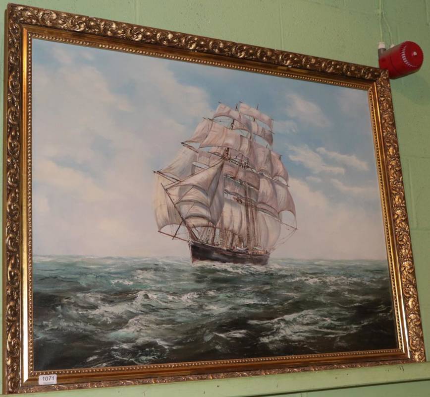 Lot 1071 - John Corcoran (b.1942) Masted sailing ship in open waters, signed, oil on canvas