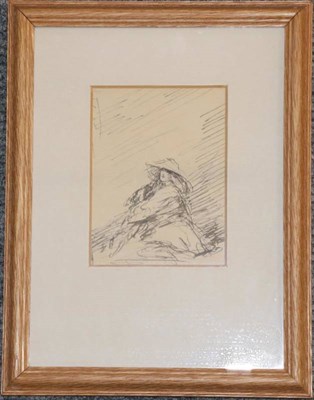 Lot 1104 - George Galloway, Figure with hat, pencil, 10cm by 7.5cm