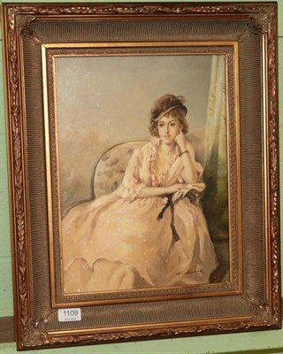 Lot 1109 - F Vernos, portrait of an elegant lady seated, signed oil on canvas, 39cm by 29cm