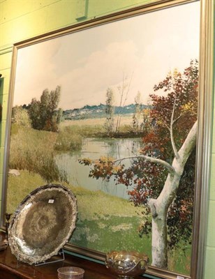 Lot 1118 - British School, 20th century, Autumnal landscape with pond, indistinctly signed, oil on canvas,...