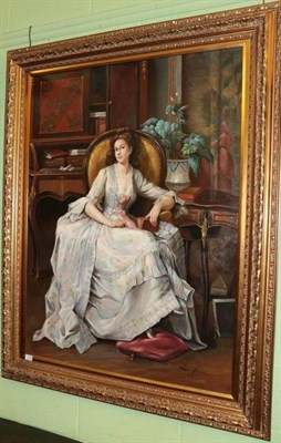 Lot 1119 - * Sherrington, Elegant lady seated in an interior, signed oil on canvas, 120cm by 90cm
