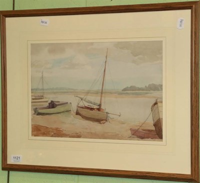 Lot 1121 - English School (early 20th century) Boats moored on estuary, unsigned, watercolour 29cm by 43cm