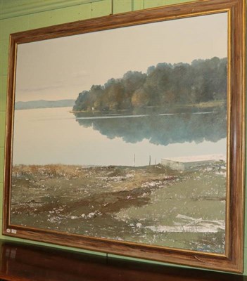 Lot 1122 - British School, 20th century, Misty lakeland landscape, indistinctly signed oil on canvas, 190cm by