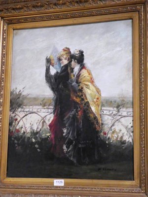 Lot 1126 - F Vernos, Two women in a rose garden, signed oil on canvas, 59cm by 49cm