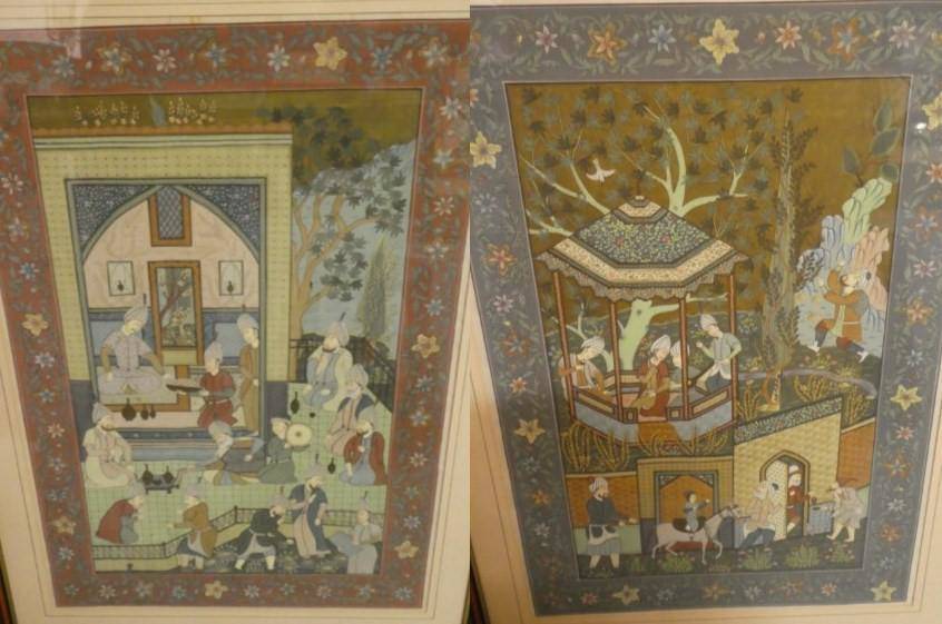 Lot 1144 - Indo Persian School (20th century) Two scenes of court life, on silk, within floral borders, 78cm x