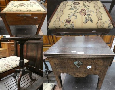 Lot 1162 - A piano stool; a Georgian commode (converted); a leather inset writing table; a wine table; and two
