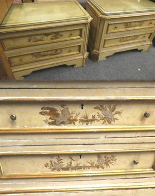 Lot 1181 - A pair of 20th century yellow and parcel gilt painted two drawer bedside cabinets, the end...