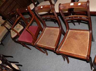 Lot 1272 - A pair of Regency faux rosewood cane seat chairs; an Edwardian inlaid mahogany corner chair; and an