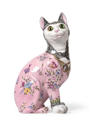 Lot 235 - Émile Gallé (French, 1846-1904): A Polychrome Faience Model of a Cat, circa 1900, modelled seated