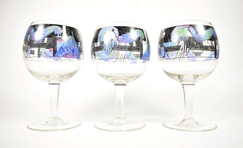 Lot 242 - Three Vetri della Arte (Vedar) Glass Wine Goblets, enamelled with a continuous frieze of nudes...