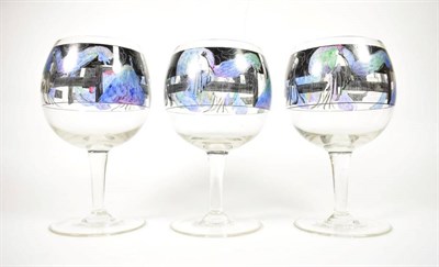 Lot 242 - Three Vetri della Arte (Vedar) Glass Wine Goblets, enamelled with a continuous frieze of nudes...