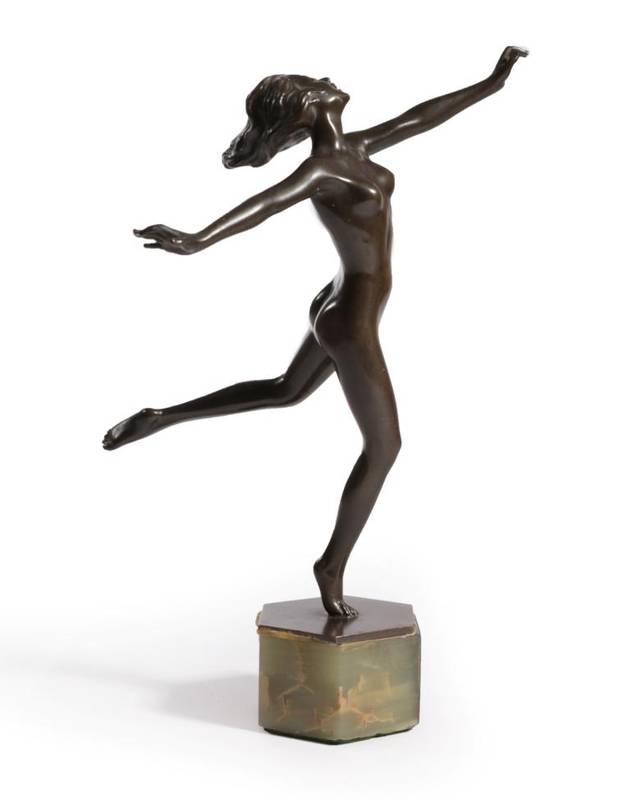 Lot 255 - Otto Hafenrichter (Austrian): An Art Deco Bronze Figure, modelled on one leg with arms...