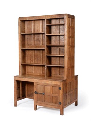 Lot 266 - Mouseman: A 1930's Robert Thompson of Kilburn English Oak Double Sided Bookcase Desk, each bookcase