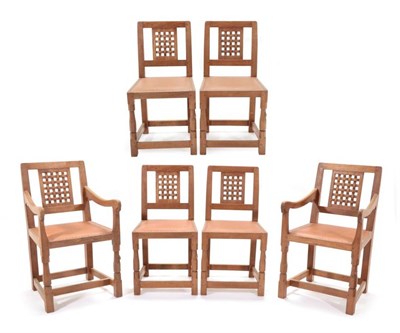 Lot 286 - Mouseman: A Set of Six (4+2) Robert Thompson of Kilburn English Oak Lattice Back Dining Chairs,...