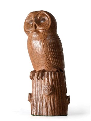 Lot 361 - Woodpeckerman: A Stan Dodds (1928-2012) Carved English Oak Owl, highlighted eyes, perched on a tree