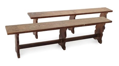 Lot 362 - A Pair of Yorkshire School English Oak 6ft Benches, on three shaped supports, joined by stretchers