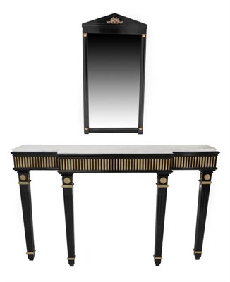 Lot 378 - An Ebonised and Parcel Gilt Breakfront Console Table, modern, with grey and white rectangular...