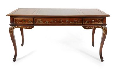Lot 382 - A Drexel Walnut and Chinoiserie Decorated Writing Table, modern, with three long drawers above...