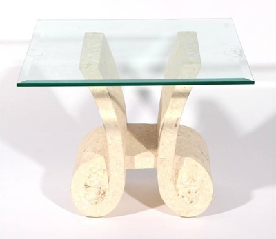 Lot 397 - A Glass Top Side Table, modern, the bevelled glass top above a scrolled composition base, 65cm...