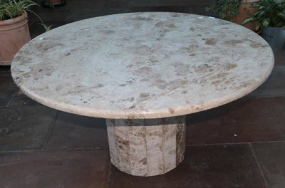 Lot 413 - A Travatine Circular Dining Table, modern, on a cylindrical base, matching the preceding lot, 134cm