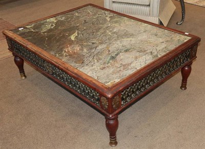 Lot 420 - A Hardwood and Green Marble Rectangular Coffee Table, modern, the moulded top above a metal frieze