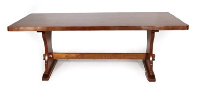 Lot 430 - An Oak Trestle Form Dining Table, modern, of rectangular form with wavy shaped edge, on shaped...