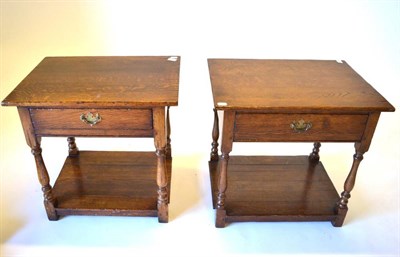 Lot 436 - A Pair of Oak Lamp Tables, modern, of rectangular form with frieze drawer, on spindle turned...